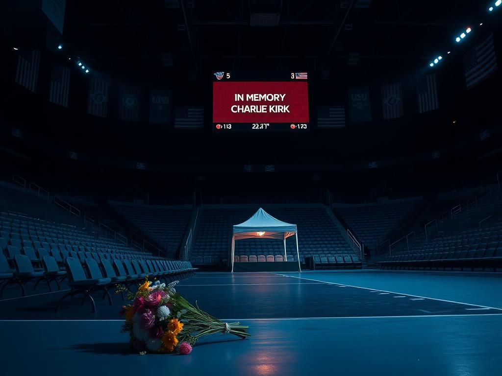 Flick International somber scene in a dimly lit sports arena with empty seats and a digital scoreboard honoring Charlie Kirk