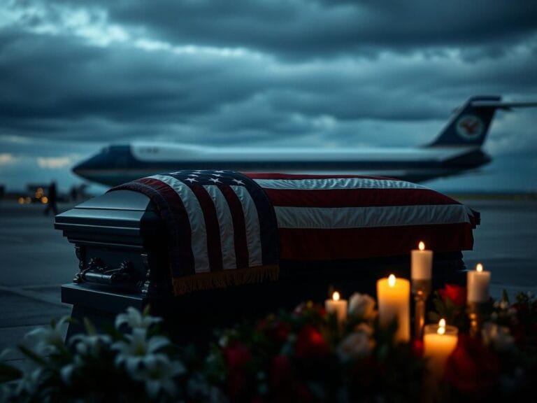 Flick International A serene silhouette of a black casket draped with an American flag, symbolizing honor and loss.