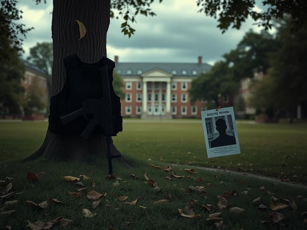 Flick International Image depicting a crime scene at a university campus with a tactical vest and a 'Missing Person' flyer