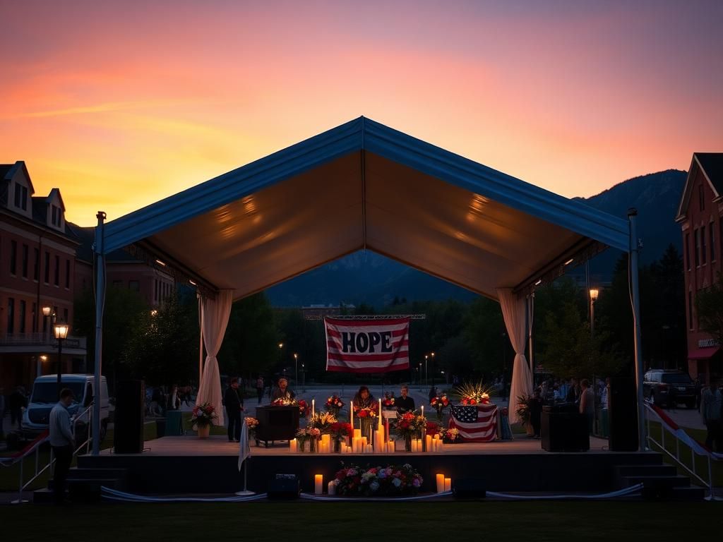 Flick International Somber scene of a vibrant college campus in Utah with an empty stage under a patriotic tent.