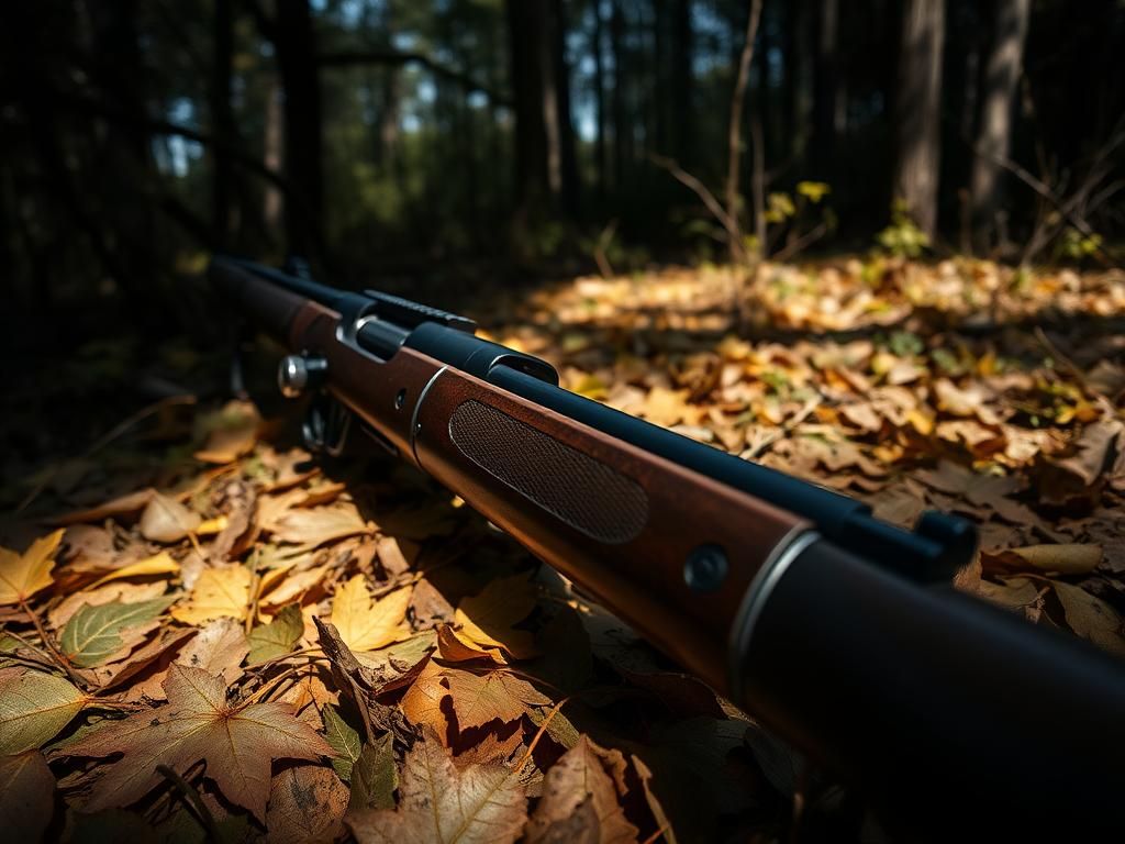 Flick International Close-up view of a bolt action rifle on fallen autumn leaves in a forest