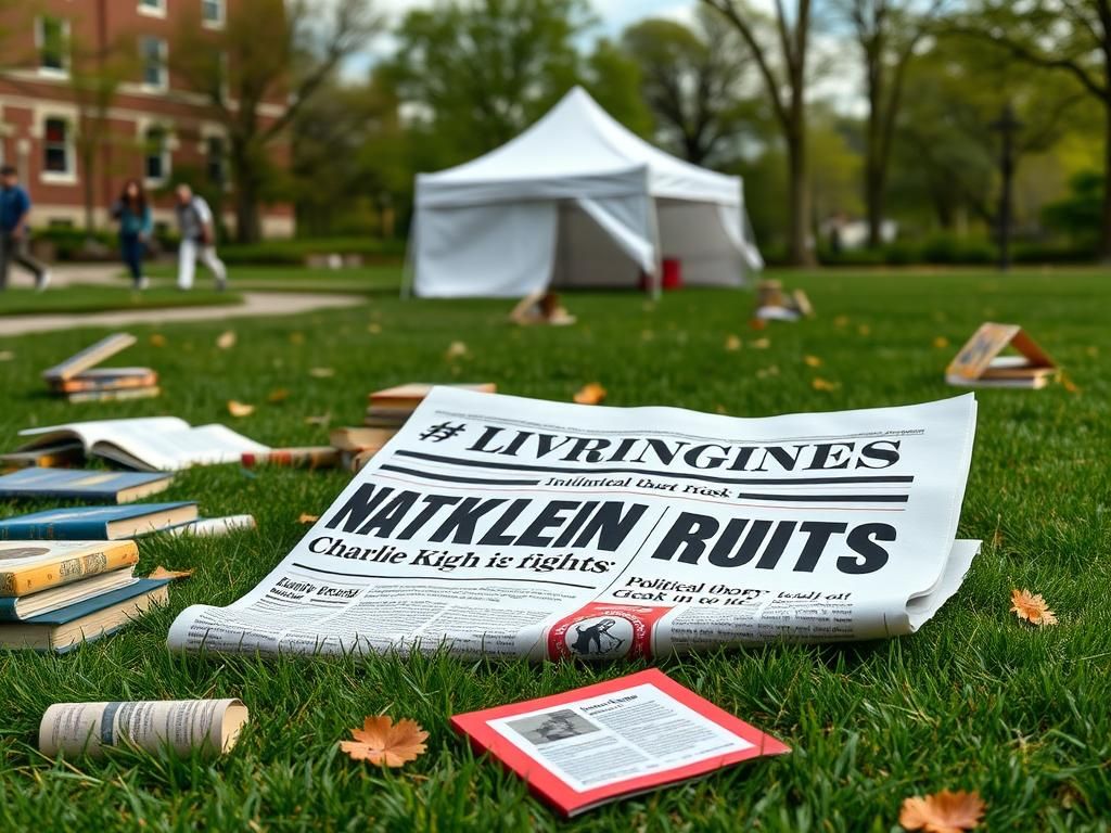 Flick International A satirical newspaper front page depicting exaggerated headlines about Charlie Kirk on a university campus.