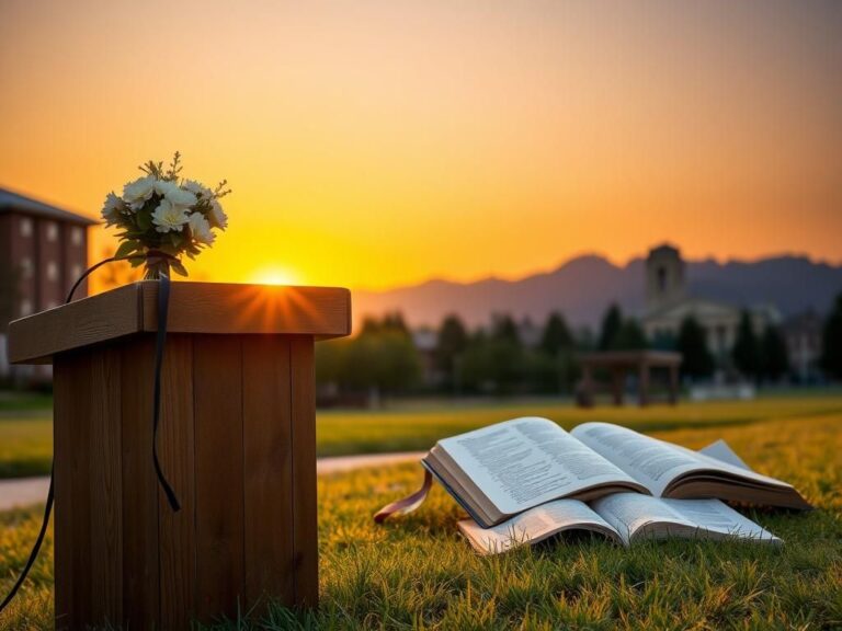 Flick International A serene outdoor scene with a weathered wooden podium, white flowers, and an open Bible on a university campus during sunset.
