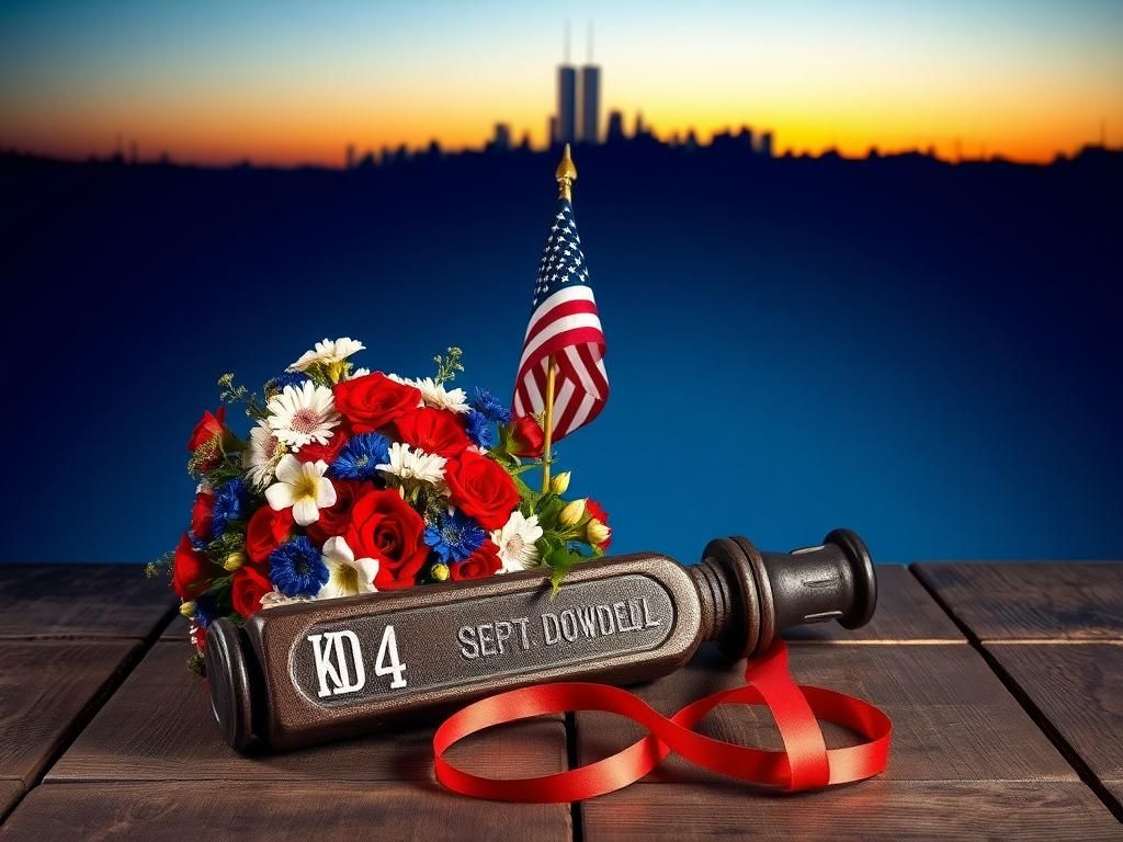 Flick International A firefighter's halligan tool engraved with 'KD' and 'R4', symbolizing Lt. Kevin Dowdell's legacy against the New York City skyline.