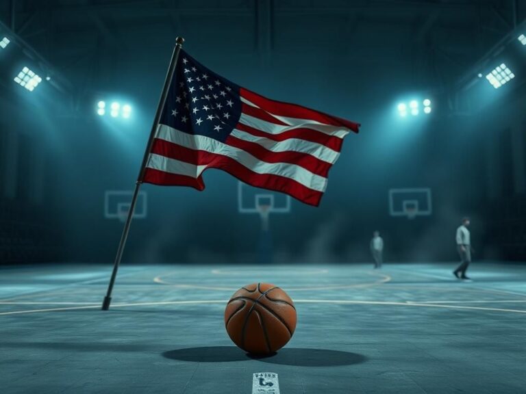 Flick International Empty basketball court with an abandoned ball and tattered American flag, symbolizing loss and change.