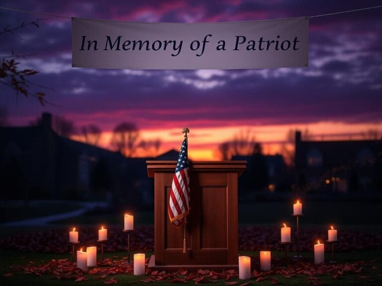 Flick International Empty wooden podium with an American flag and flickering candles in a twilight college setting