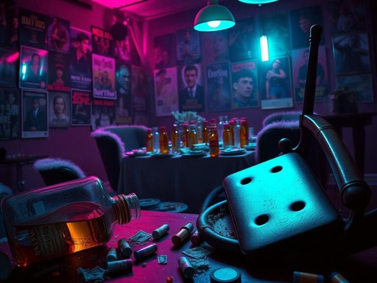 Flick International A chaotic party scene with broken glass and whiskey bottle symbolizing Charlie Sheen's past struggles