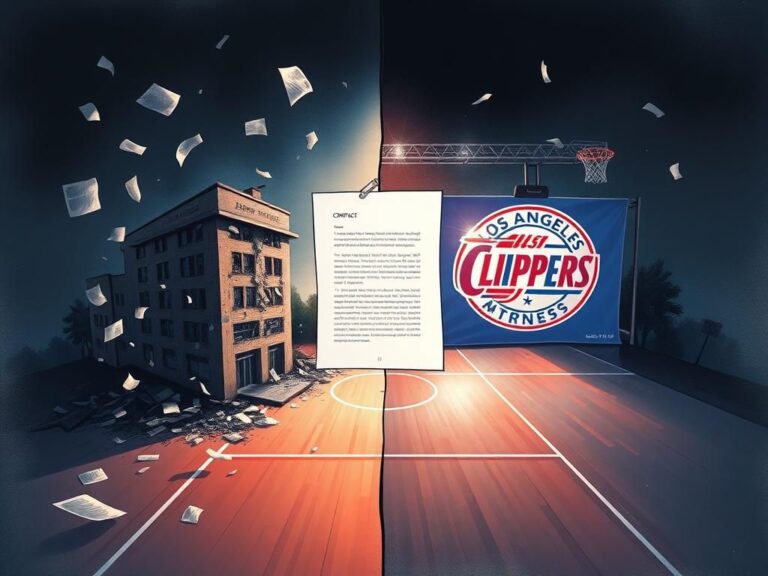 Flick International Abstract illustration contrasting financial turmoil with corporate intrigue featuring a crumbling office building and a vibrant basketball court.