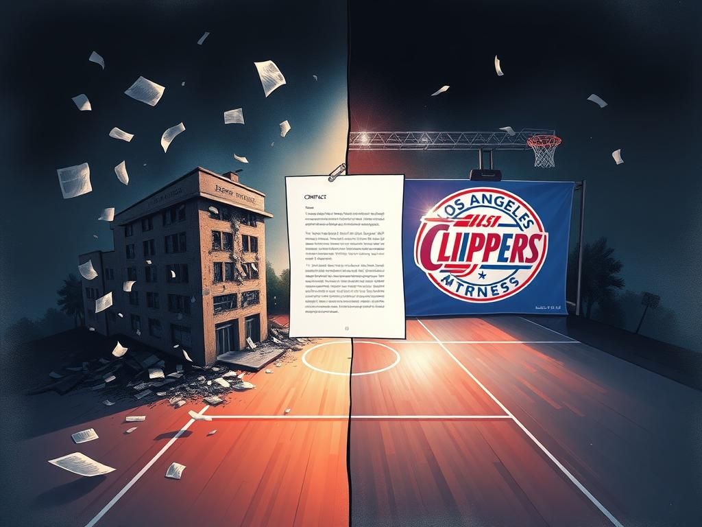 Flick International Abstract illustration contrasting financial turmoil with corporate intrigue featuring a crumbling office building and a vibrant basketball court.