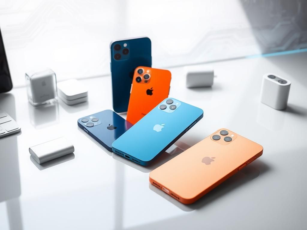 Flick International A modern workspace showcasing Apple's newest iPhones in deep blue, cosmic orange, and silver finishes.