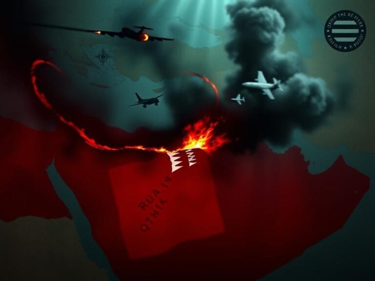 Flick International Dramatic abstract representation of geopolitical tensions in the Middle East highlighting Qatar