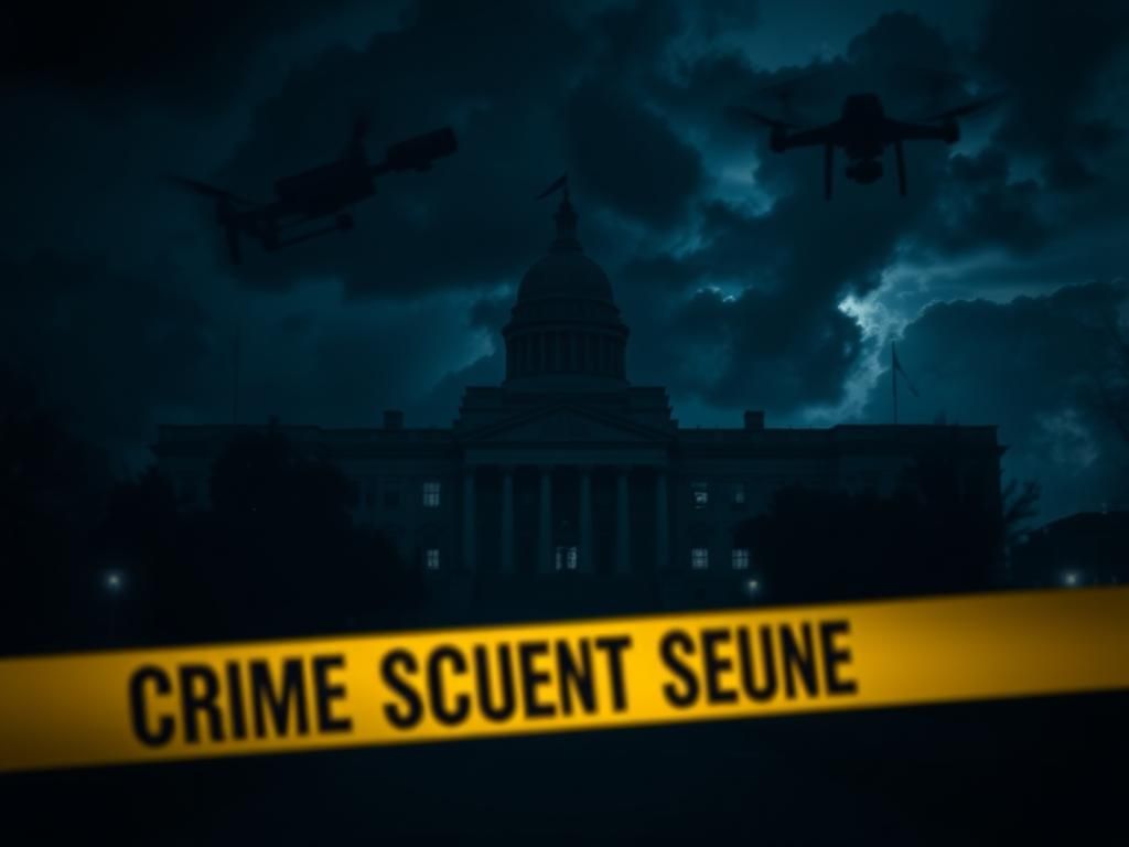 Flick International Dimly lit urban landscape at night symbolizing government security with police tape marked 'Crime Scene'