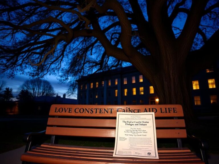 Flick International Empty college campus at dusk with a solitary wooden bench under a large tree