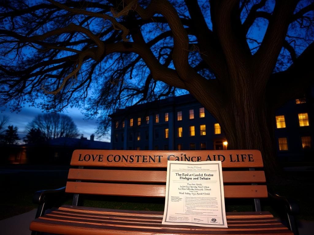 Flick International Empty college campus at dusk with a solitary wooden bench under a large tree