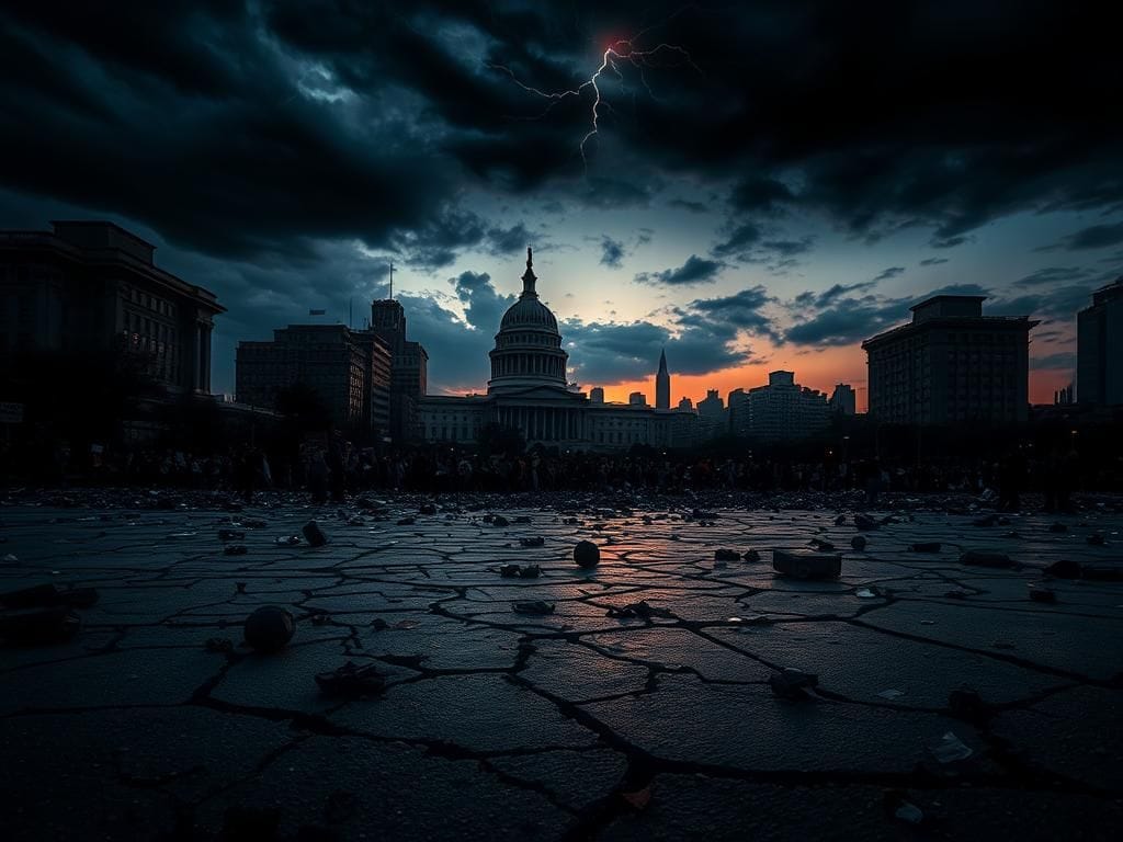 Flick International Dark urban landscape at twilight symbolizing political tension and violence
