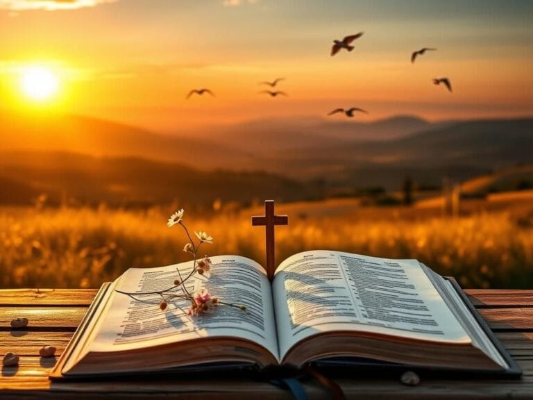 Flick International A serene landscape at sunset symbolizes hope and faith with an open Bible and cross