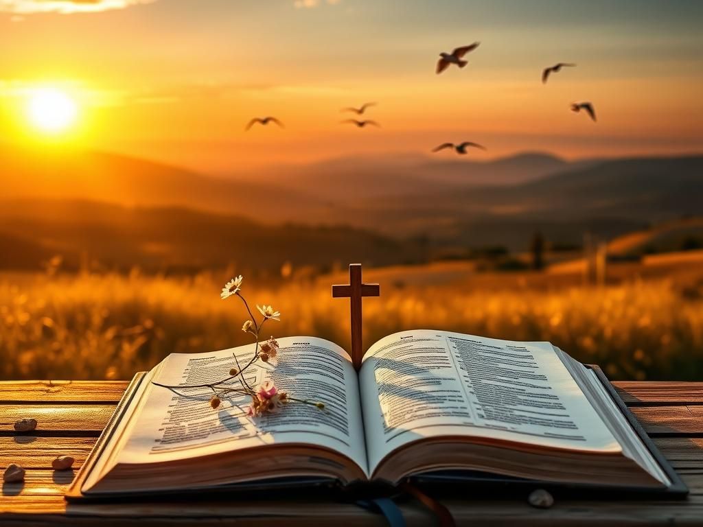 Flick International A serene landscape at sunset symbolizes hope and faith with an open Bible and cross
