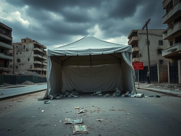 Flick International Desolate urban landscape in Gaza with a large empty food distribution tent and scattered aid supplies