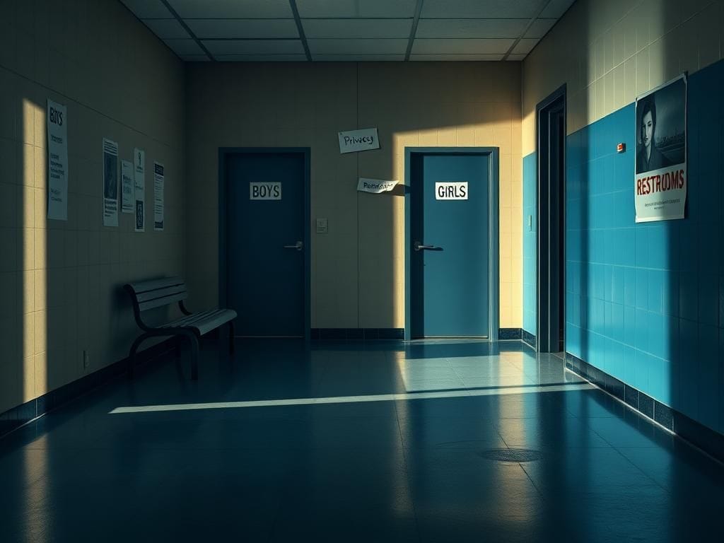 Flick International A deserted school hallway with restroom doors labeled 'Boys' and 'Girls' symbolizing the transgender bathroom debate.