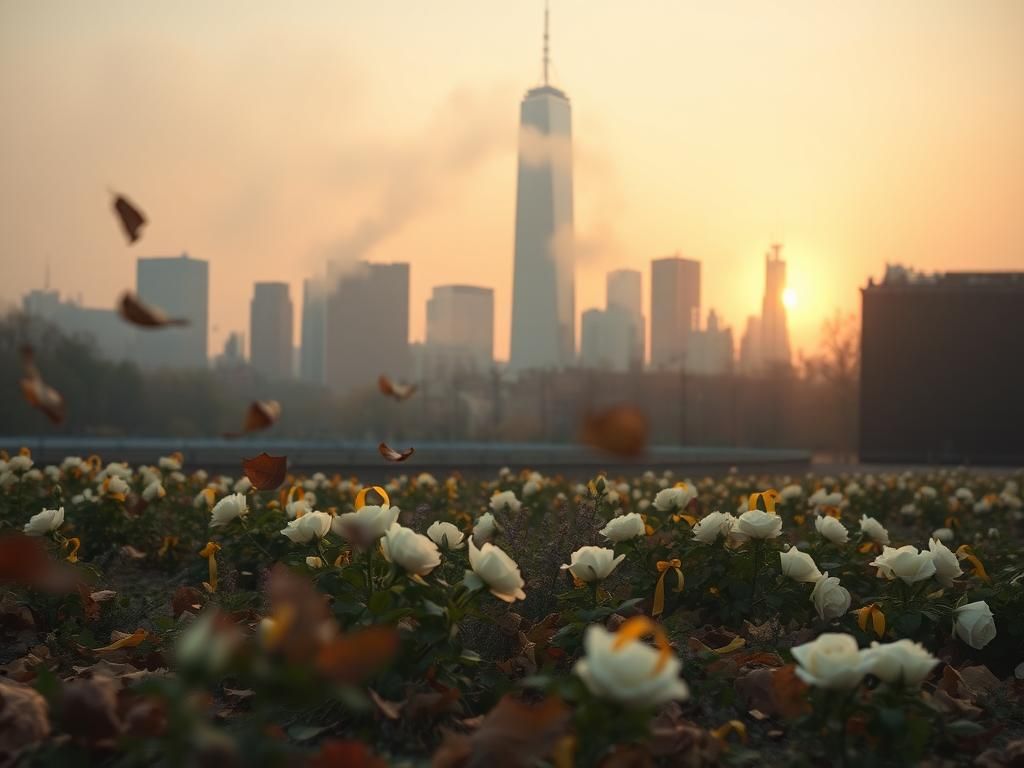 Flick International Dawn light illuminating the empty remnants of the World Trade Center site in Lower Manhattan