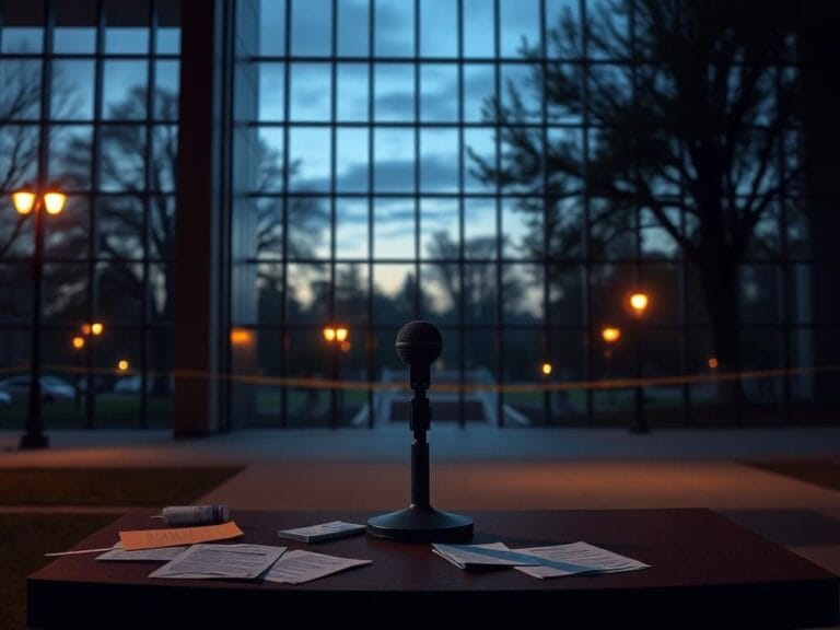 Flick International somber university campus scene at dusk following Charlie Kirk's tragic event