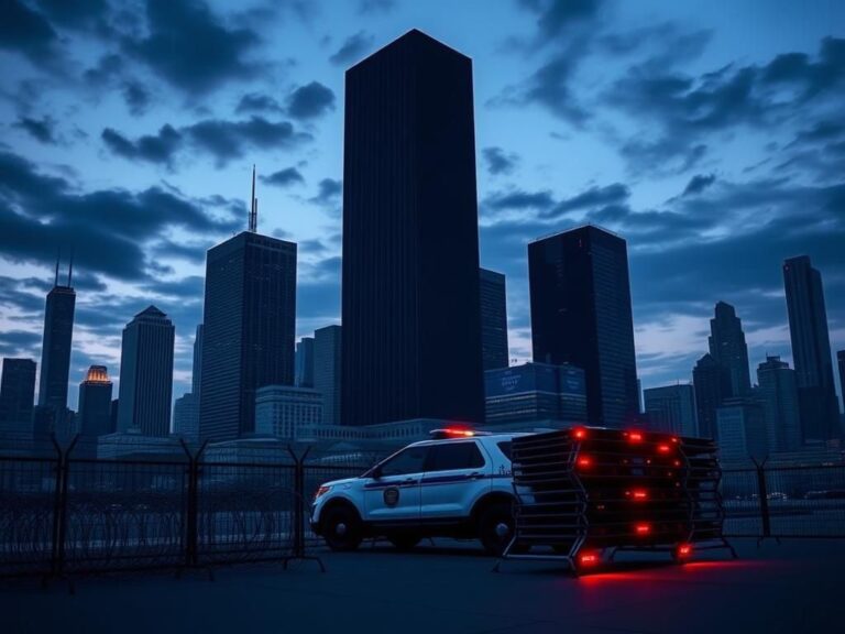 Flick International Dramatic cityscape of Chicago at dusk with police vehicle and security barricades