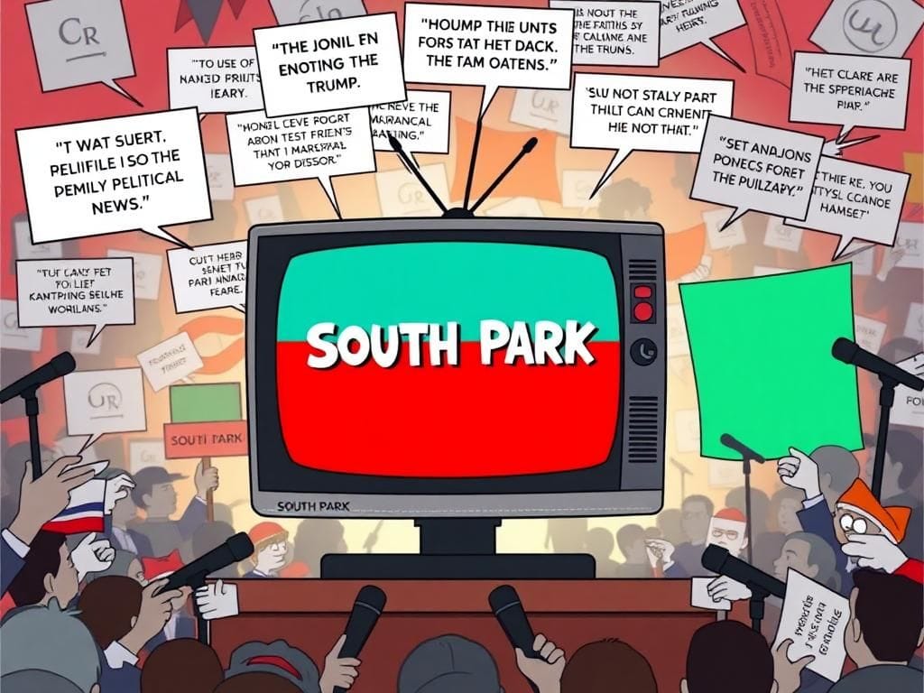 Flick International Cartoon depiction of a television screen showcasing the 'South Park' logo amidst a chaotic political background