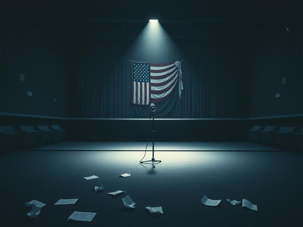 Flick International A solitary microphone on an empty university auditorium stage with patriotic elements in the background