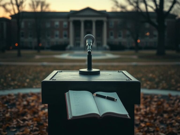 Flick International Empty podium on university campus symbolizing absence of discourse