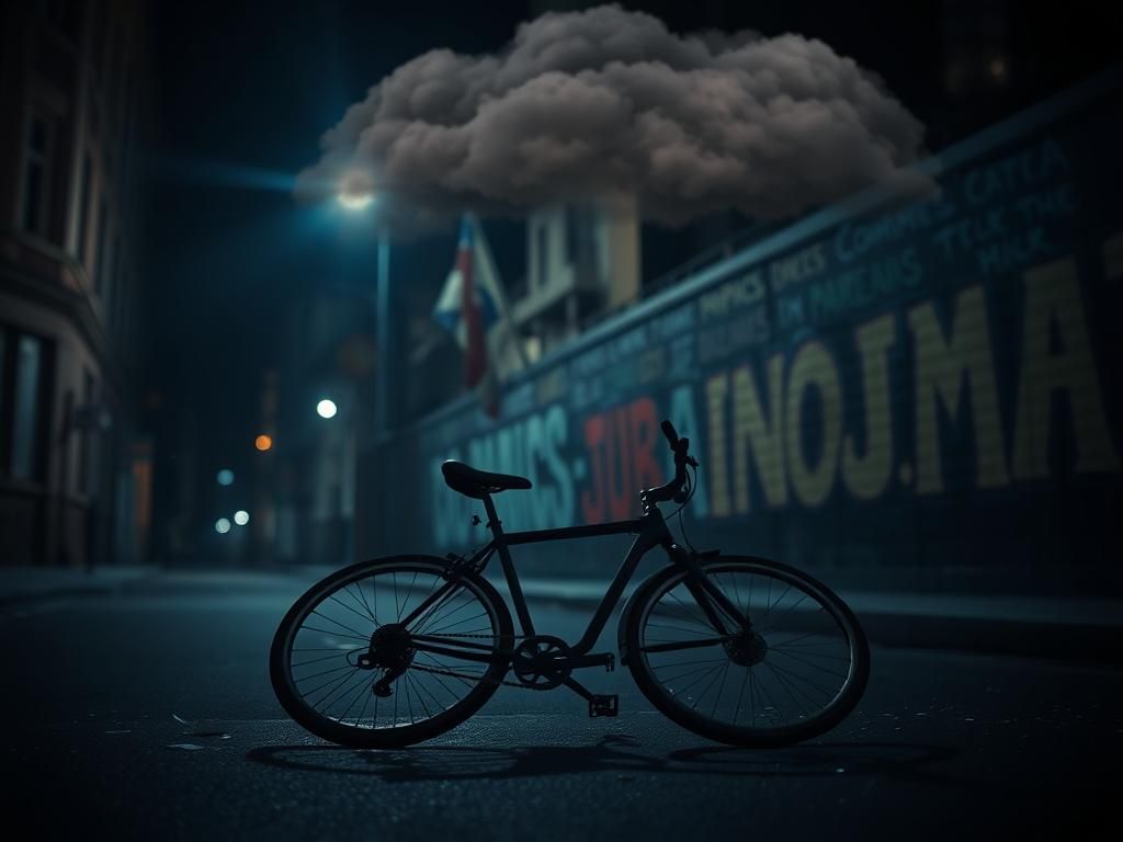 Flick International Abandoned black bicycle on a dark urban street at night, symbolizing cycling amidst tension