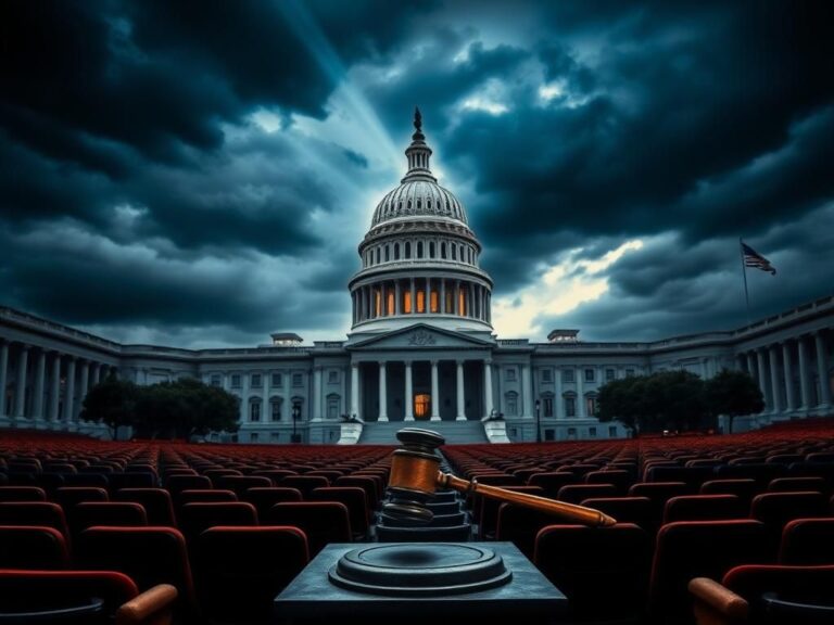 Flick International A view of the U.S. Capitol building with a moody sky, showcasing an empty Senate chamber