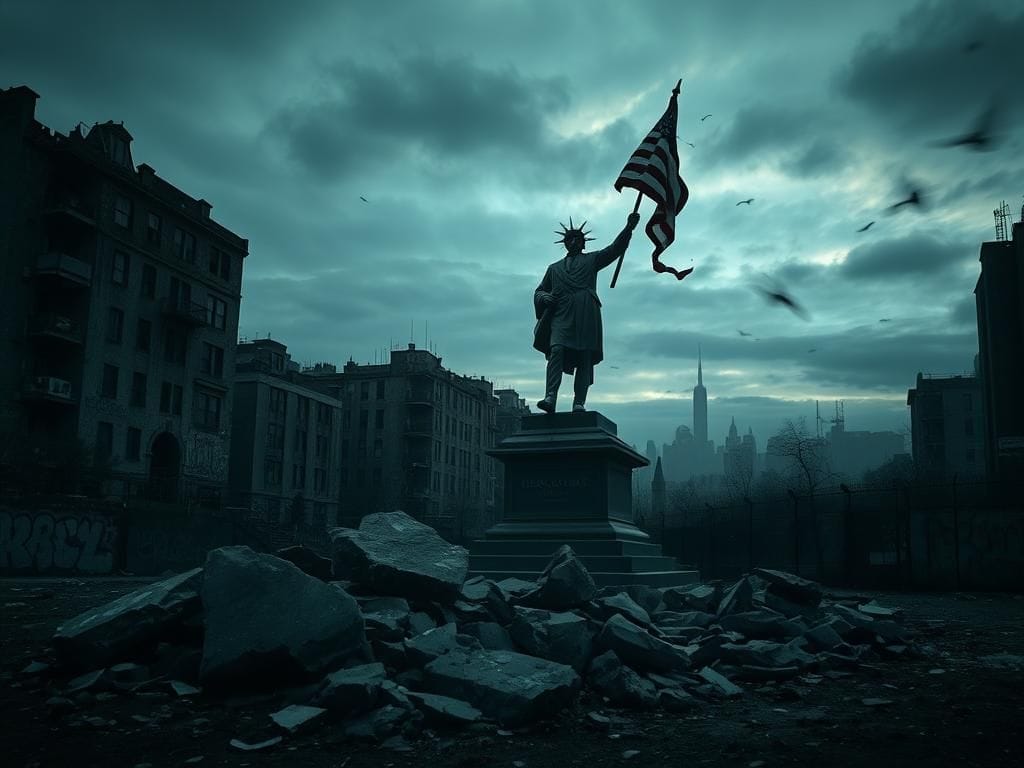 Flick International Dark-themed urban landscape at dusk with crumbling buildings and shattered statue representing democracy