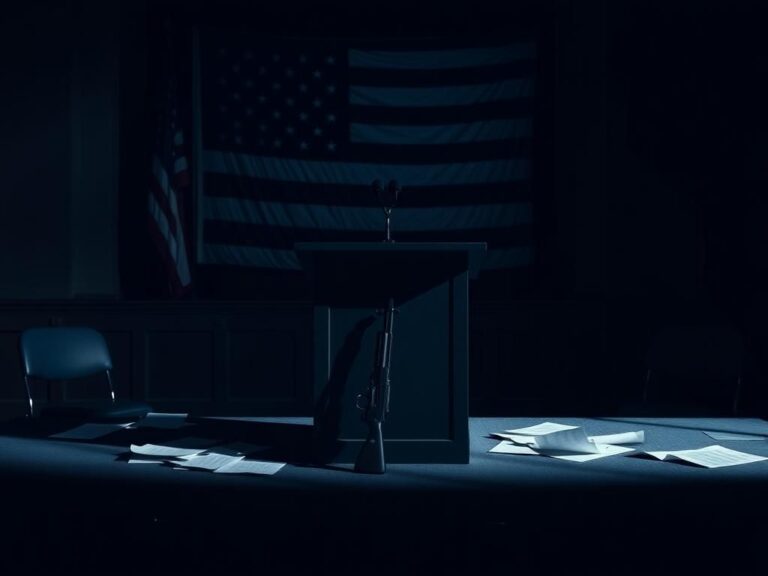 Flick International Empty podium in a political debate chamber symbolizing political unrest