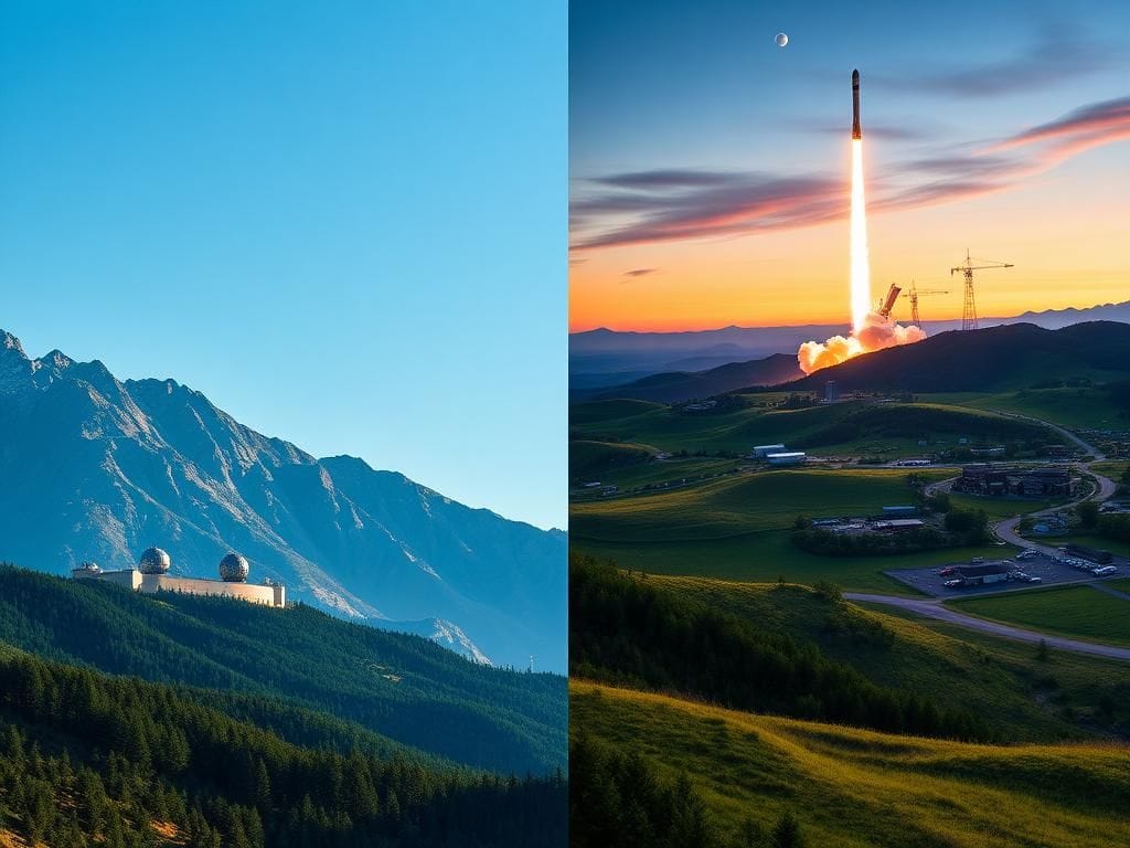 Flick International Dramatic landscape contrasting Colorado's mountainous terrain and Alabama's lush greenery, illustrating the planned move of Space Command headquarters.