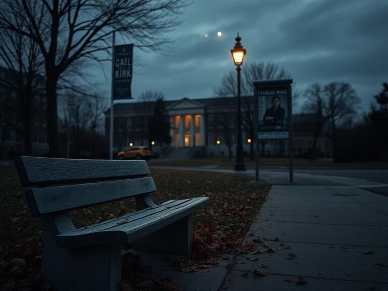 Flick International Somber urban landscape at dusk with deserted university campus and weathered stone bench