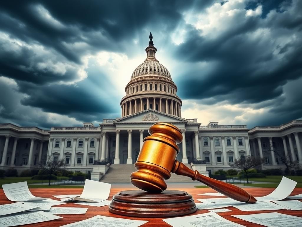 Flick International U.S. Capitol building with an oversized gavel symbolizing political conflict