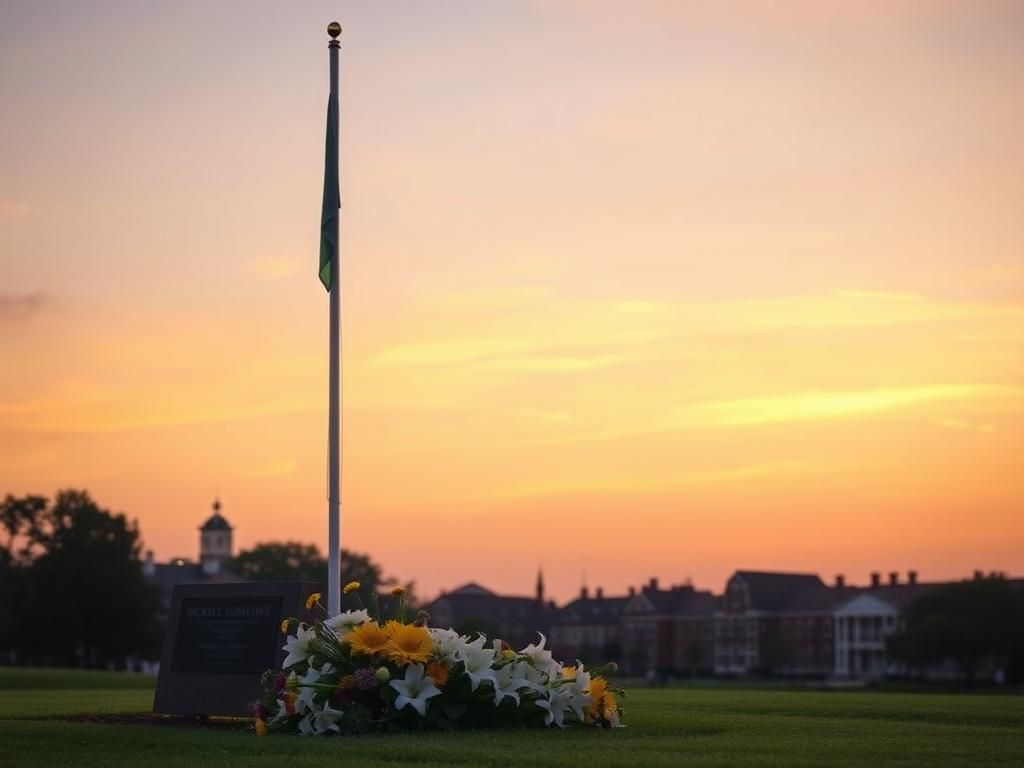 Flick International A peaceful sunset over a university campus with a half-mast flagpole and flower memorial