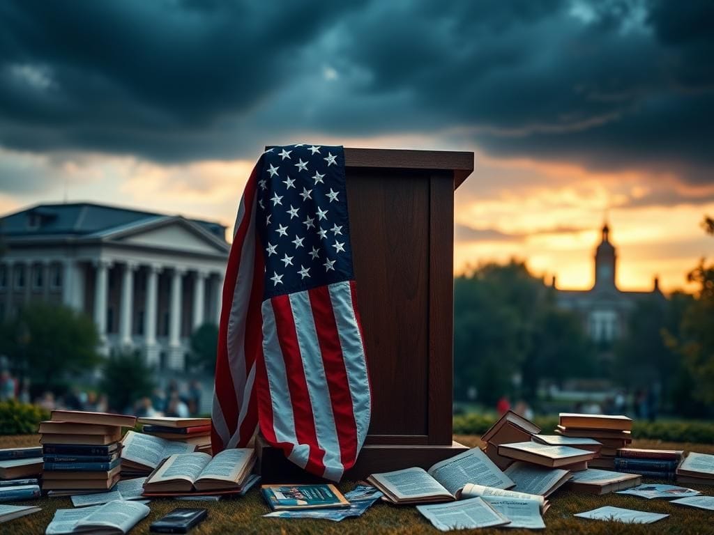 Flick International Empty podium draped in an American flag on a college campus symbolizing loss