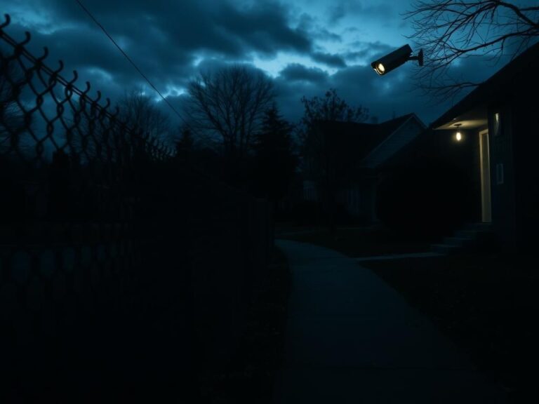Flick International Eerie suburban neighborhood at dusk with dark alleyway and surveillance camera