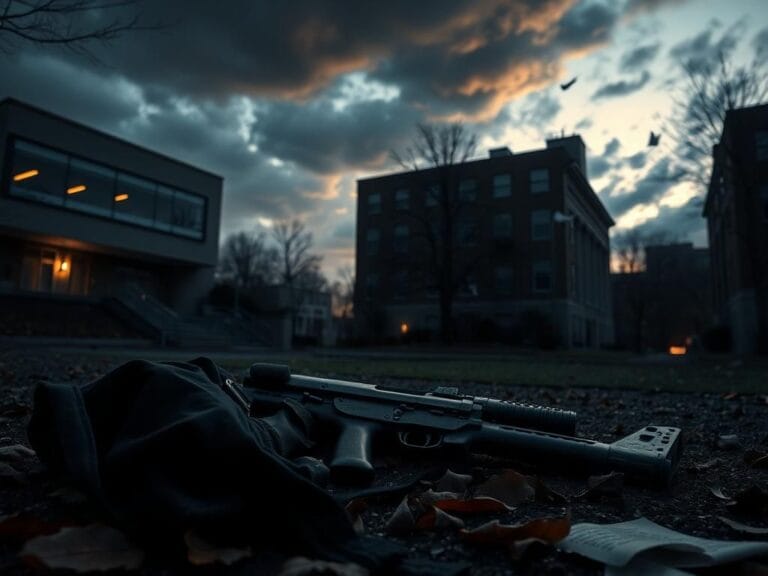 Flick International An abandoned tactical garment and rifle on a college campus at dusk