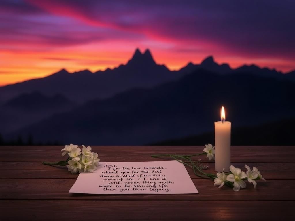Flick International Somber landscape at sunset with mountains and a burning candle