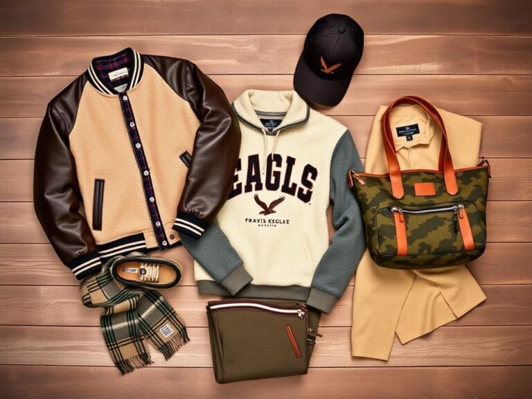Flick International flat lay of Travis Kelce x American Eagle apparel collection with varsity jacket, chenille shirt, hoodie, trousers, and tote bag