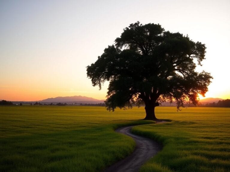 Flick International Serene sunset landscape featuring a large oak tree and distant mountains