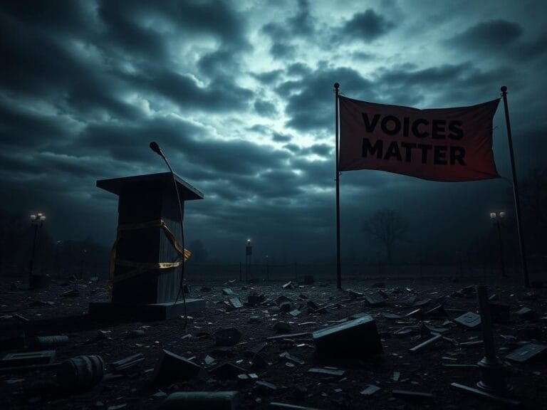 Flick International Dark landscape depicting a shattered political arena with remnants of campaign signs and a weathered podium