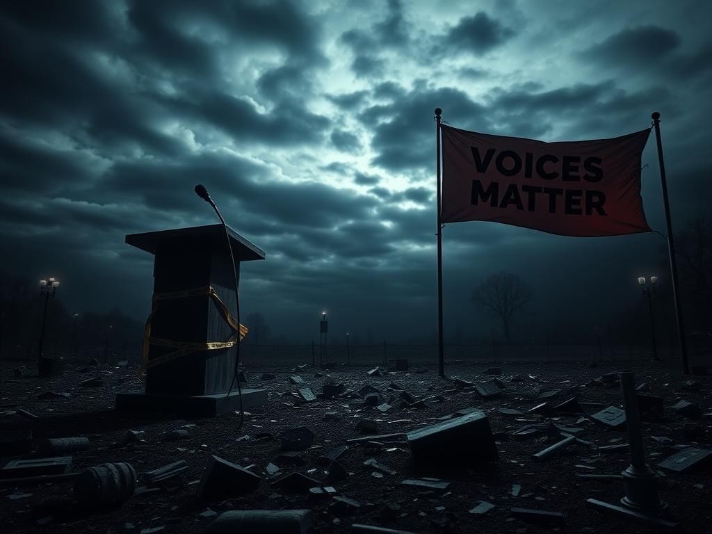 Flick International Dark landscape depicting a shattered political arena with remnants of campaign signs and a weathered podium