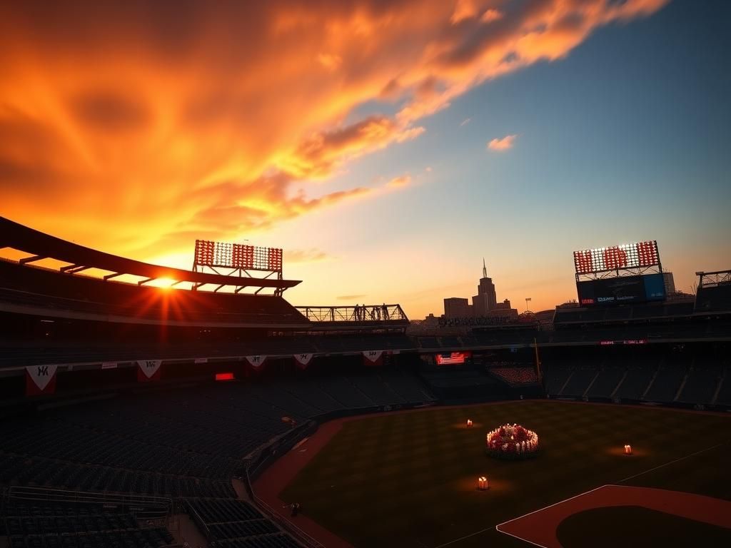 Flick International Aerial view of Yankee Stadium adorned with patriotic bunting for 9/11 remembrance