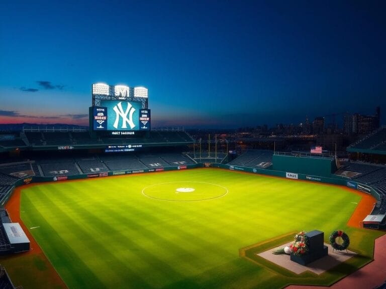 Flick International Aerial view of Yankee Stadium illuminated for the 9/11 anniversary game