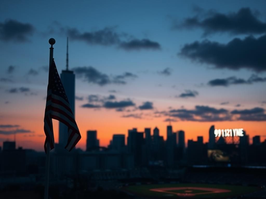 Flick International Serene New York City skyline at dusk featuring One World Trade Center and an American flag