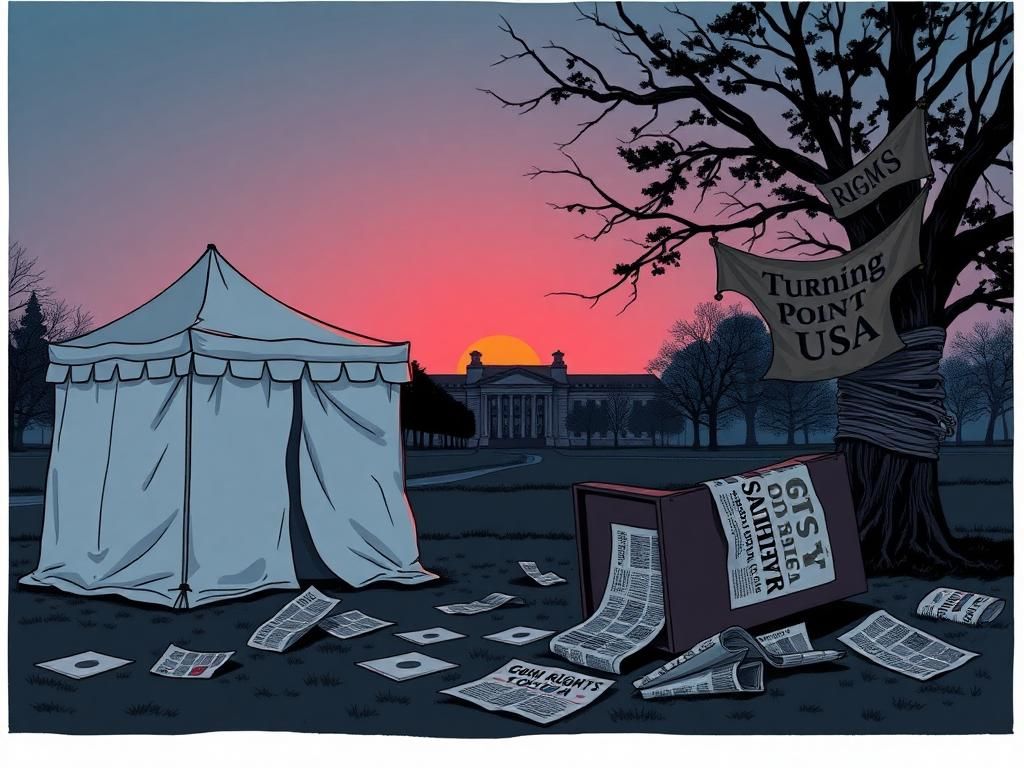 Flick International Dark satirical illustration of an abandoned university campus scene at dusk