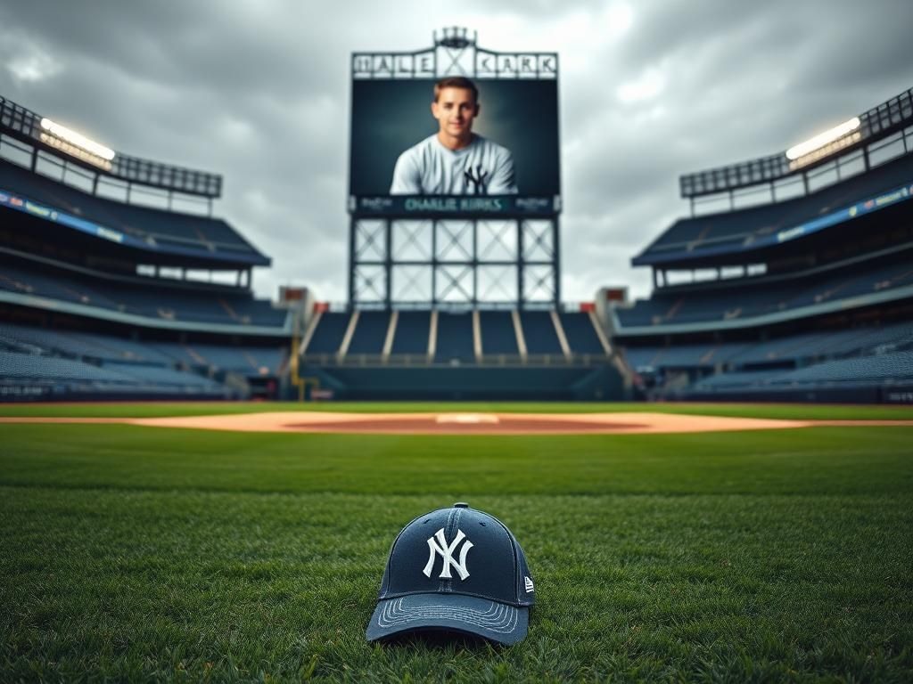 Flick International A baseball field with a tribute to Charlie Kirk, featuring a cap on the grass and a jumbotron displaying his image.